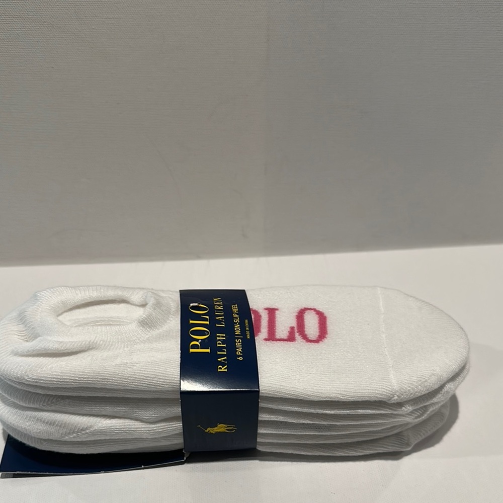 NWT Ralph Lauren Polo Footsie (6) Pack White Socks W/ POLO in Pink, Green, Blue.